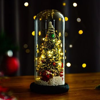 Christmas Tree Glass Dome Display Base LED Fairy String Light Home Decor Bedroom Desk Night Light for Christmas Gift